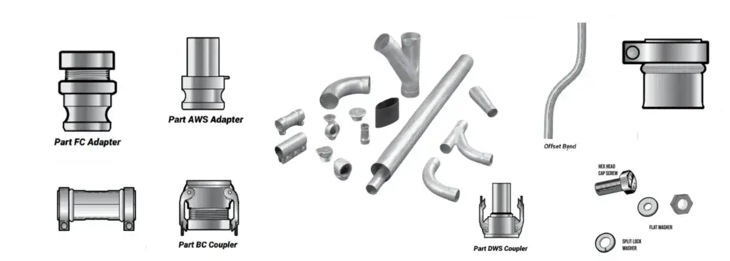 Industrial vacuum piping products including tubing, fittings, couplings, adapters and system components.