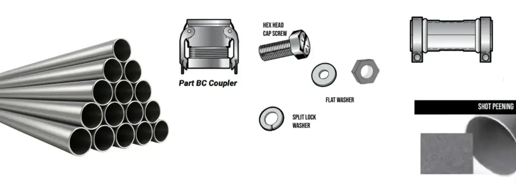 Industrial vacuum tubing components including metal pipe, bends, fittings, couplings and vacuum system accessories.