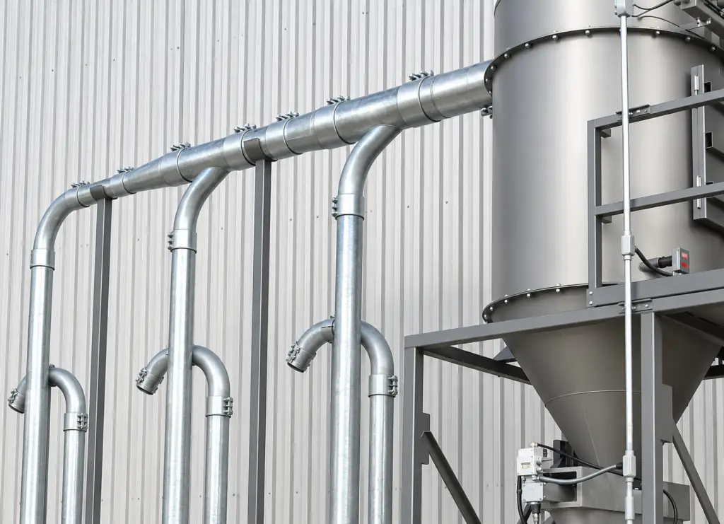 Industrial vacuum piping with galvanized tubing, curved elbows and branch connections leading to a central dust collection vessel