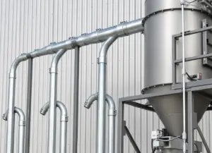 Industrial vacuum piping with galvanized tubing, curved elbows and branch connections leading to a central dust collection vessel