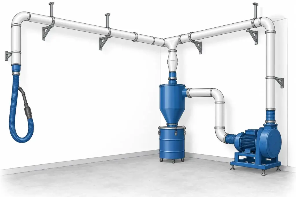Industrial vacuum piping system with tubing, fittings, elbows, branch connections, and central vacuum collection equipment.