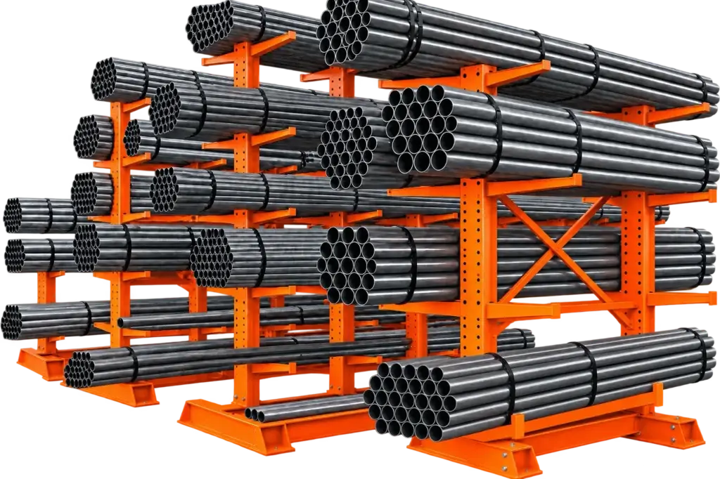 Industrial steel vacuum tubing bundles in multiple diameters stored horizontally on heavy-duty orange steel storage racks.